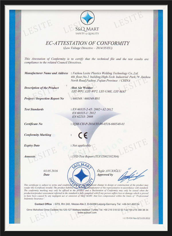 LVD-CE certification certificate-WP1, WP2, MAT, UME